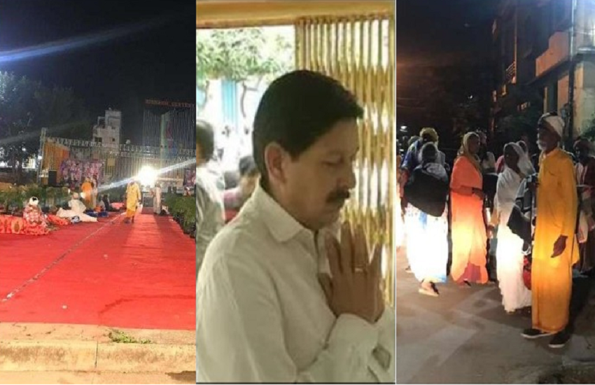 बीजेपी विधायक रमेश मेंदोला के घर के बाहर सैकड़ों साधु-संतों ने धरना दिया। 