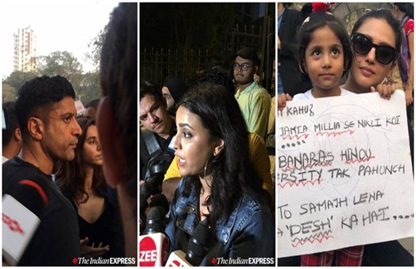 नागरिकता कानून को लेकर देशभर में प्रदर्शन जारी है। कुछ जगह से हिंसा की खबरें भी सामने आ रही हैं। आम लोगों के साथ ही बॉलीवुड सितारे भी इस कानून के खिलाफ आवाज बुलंद करते हुए सड़कों पर उतर रहे हैं। गुरुवार 19 दिसंबर को मुंबई के अगस्त क्रांति मैदान में तमाम बॉलीवुड सेलेब्स ने नागरिकता कानून के खिलाफ प्रदर्शन में हिस्सा लिया।