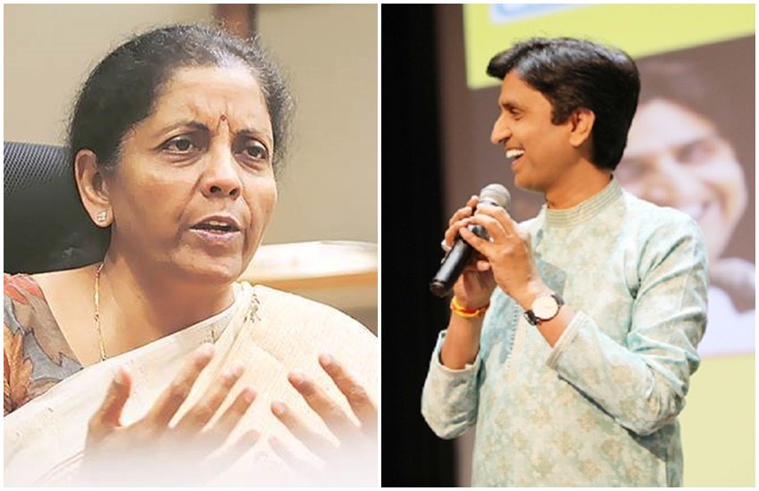 केंद्रीय वित्तमंत्री निर्मला सीतारमण व हिंदी कवि कुमार विश्वास, फोटोे सोर्स- इंडियन एक्सप्रेस