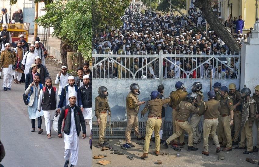 नागरिकता संशोधन बिल पर लखनऊ में पुलिसिया झड़प के बाद सोमवार को दारूल उलूम नदवातुल उलेमा कॉलेज में हॉस्टल खाली कर के जाते हुए छात्र। (फोटोः पीटीआई)
