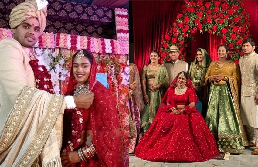 देश की मशहूर रेसलर बबीता फोगाट शादी के बंधन में बंध गईं। उन्होंने भारत केसरी से सम्मानित पहलवान विवेक सुहाग संग शादी रचाई। दंगल गर्ल के नाम से मशहूर बबीता की शादी बेहद अनूठे तरीके से हुई। इनकी शादी में सात फेरों की जगह आठ फेरे लिए गए। आठवां फेरा लेकर बेटी बचाओ-बेटी पढ़ाओ का संदेश दिया गया। सोशल मीडिया में बबीता और विवेक के शादी की तस्वीरें वायरल हो रही हैं। देखें तस्वीरें(All Pics: Babita Phogat Fan Page Instagram):