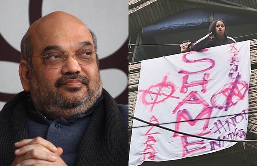 गृह मंत्री अमित शाह के कैंपन के दौरान महिला ने सीएए का विरोध जताया। (Express Photo)