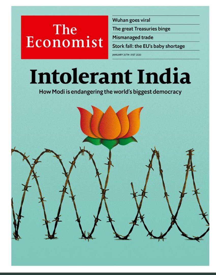 दुनिया की मशहूर मैगजीन 'द इकनॉमिस्ट' (The Economist) ने नागरिकता संशोधन कानून (CAA) को नरेंद्र मोदी के नेतृत्व वाली केंद्र सरकार का अति महत्वाकांक्षी कदम बताया है। मैगजीन ने अपने ताजा अंक में 'इन्टॉलरेंट इंडिया' नाम से फ्रंट कवर छापा है। मैगजीन ने अपने लेख में मोदी सरकार की कड़ी आलोचना करते हुए लिखा कि ऐसा लग रहा है कि पीएम मोदी भारत को एक सहिष्णु और बहु धार्मिक देश की जगह उग्र हिंदुत्व राज्य की तरफ ले जा रहे हैं। मैगजीन ने यह भी लिखा है कि सरकार की नीतियों से भले ही नरेंद्र मोदी चुनाव जीत जाएं लेकिन देश यह देश के लिए 'राजनीतिक जहर' साबित होंगी। मैगजीन ने चेताया है कि CAA लागू होने से देश में खूनी संघर्ष हो सकता है।