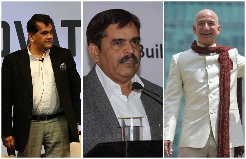 नीति आयोग के सीईओ अमिताभ कांत, स्वदेशी जागरण मंच के राष्ट्रीय संयोजक अश्वनी महाजन और अमेजन के मालिक जेफ बेजोस। फोटो: Indian Express