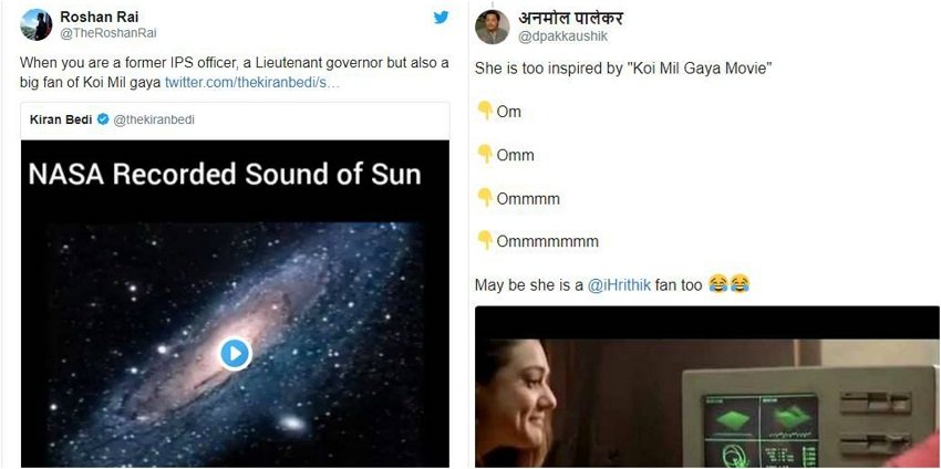 Kiran Bedi, kiran bedi twitter, kiran bedi husband, fake news, kiran bedi trolled, Koi Mil Gaya, nasa, NASA sound of sun, sun sounds, tweet trolls, twitter trolls, universe chanting om, viral video, what does the sun sound like NASA video of sun, sun chanting om
