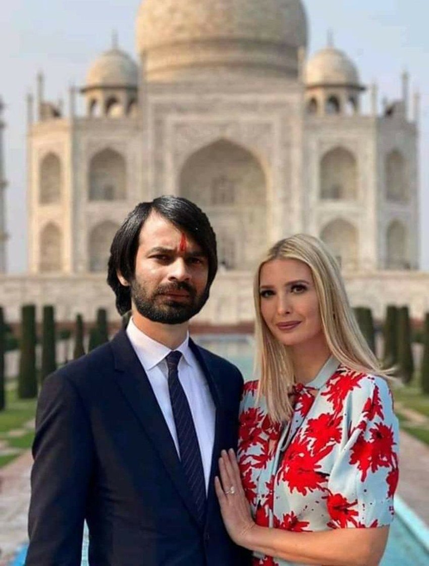 इस फोटोशॉप तस्वीर में इवांका के पति जैरेड के चेहरे की जगह राजद नेता तेज प्रताप यादव का चेहरा लगा दिया गया है।