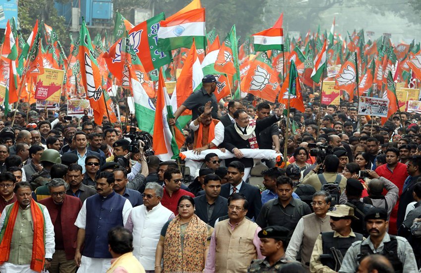 दिल्ली विधानसभा चुनाव प्रचार के दौरान जेपी नड्डा और भाजपा के अन्य नेता। (Express Photo by Partha Paul)