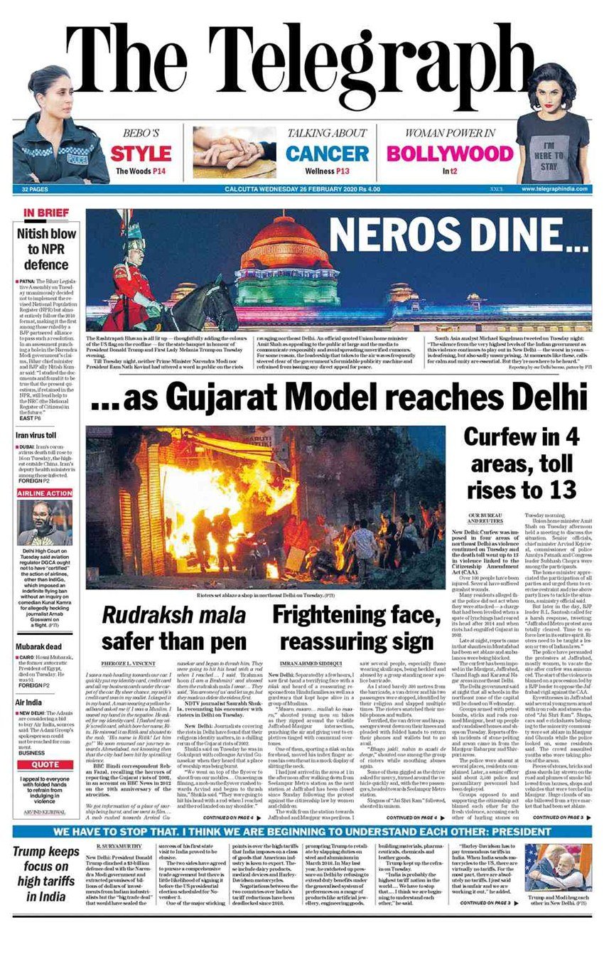अंग्रेजी अखबार द टेलीग्राफ ने लिखा है कि गुजरात मॉडल दिल्ली पहुंच चुका है। अखबार ने ये भी प्रमुखता से उल्लेख किया है कि इस हिंसा में रुद्राक्ष की माला कलम से ज्यादा सुरक्षित है। बता दें कि मंगलवार को कुछ पत्रकार भी इस हिंसा के शिकार हुए।