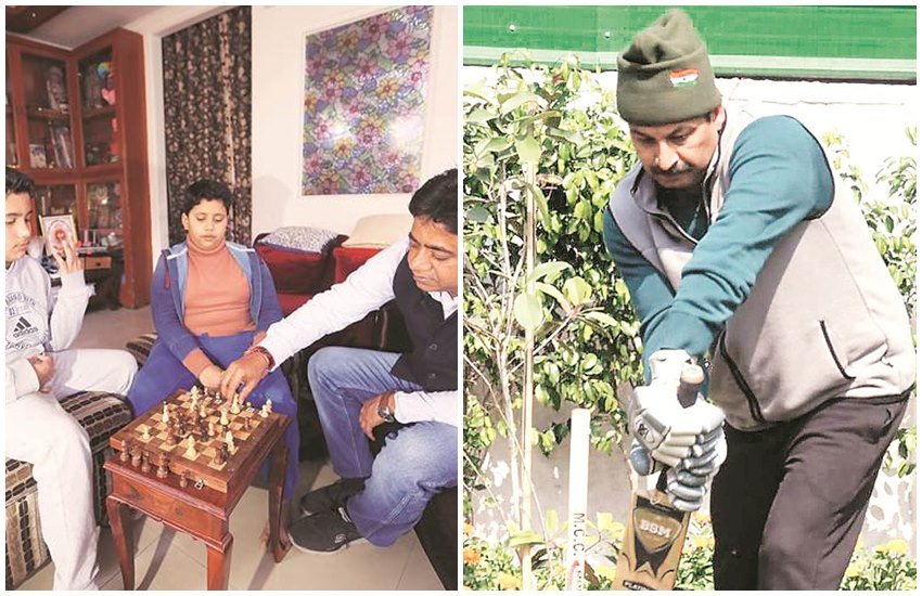 बच्चों के साथ शतरंज खेलते भाजपा उम्मीदवार सुनील यादव और क्रिकेट खेलते मनोज तिवारी। (Express Photo)