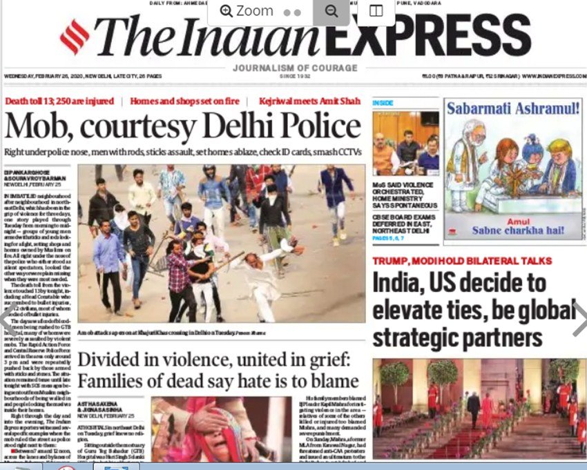 इंडियन एक्सप्रेस ने इस हिंसा के लिए दिल्ली पुलिस की भूमिका पर सवाल उठाया है।