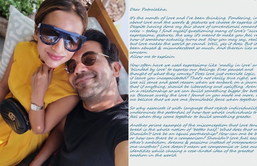 Valentine's Day 2020: बॉलीवुड एक्टर राजकुमार राव ने अपनी एक्टिंग से पूरे हिंदुस्तान को दीवाना बना रखा है। चाहे कॉमेडी हो या फिर सीरियस हर तरह के किरदार में राजकुमार जान डाल देते हैं। बात निजि जिंदगी की हो तो वो वहां भी राजकुमार राव सबको सरप्राइज करत रहते हैं। राजकुमार एक्ट्रेस पत्रलेखा के साथ लंबे अर्से से रिलेशनशिप में हैं। साथ पुराना हो चुका है फिर भी वो अपने प्यार को जवां रखे हुए है। इसकी तस्दीक करता है उनका एक लव लेटर जो उन्होंने वैलेंटाइन डे के मौके पर पत्रलेखा के लिए लिखा है। (Photos: Rajkumar Rao Instagram)