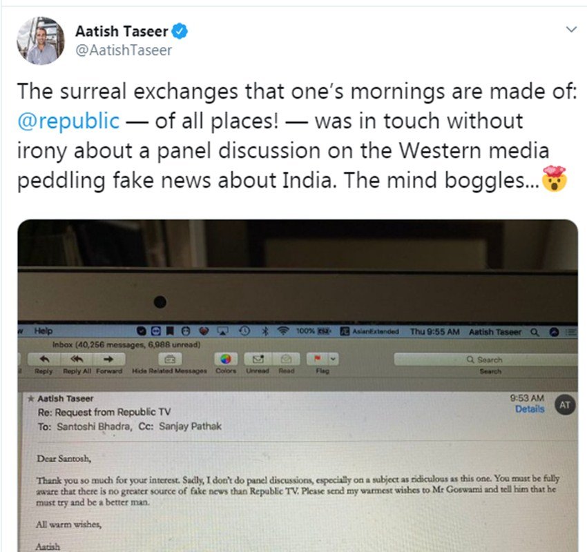 इन दोनों ई मेल को शेयर करते हुए आतिश तासीर ने ट्वीट भी किया है। तासीर के इस ट्वीट पर लोगों की मिलीजुली प्रतिक्रियाएं आ रही हैं। लोग लिख रहे हैं कि आपने बहुत सही तरीके से रिपब्लिक टीवी को सबक सिखाया है। वहीं बहुत से आतिश के ट्वीट पर उनकी निंदा भी कर रहे हैं। निंदा करने वाले लिख रहे हैं कि आपको किसी के पर्सनल मेल्स को यूं पब्लिक नहीं करना चाहिए।