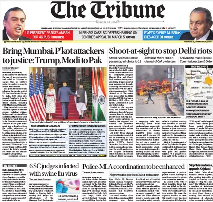 ट्रिब्यून ने कुछ इस तरह से दिल्ली हिंसा को अपने पहले पन्ने पर जगह दी है।