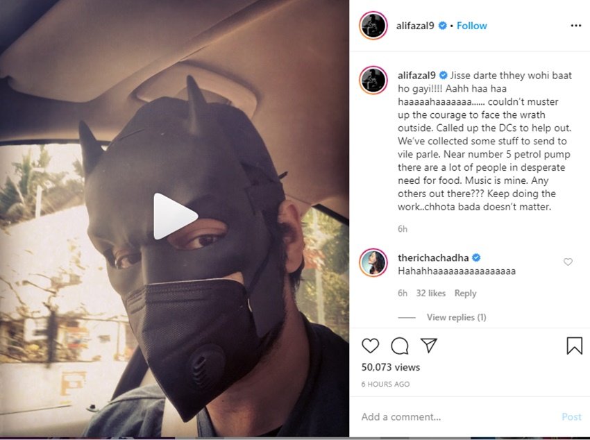 अली फजल ने अपने सोशल मीडिया अकाउंट पर वीडियो पोस्ट किया है जिसमें वह बैटमैन का मास्क लगाकर गाड़ी से कहीं जा रहे हैं।