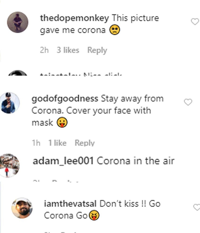ट्रोल्स उन्हें कोरोना से सुरक्षित रहने की सलाह देते हुए हिदायत देने लगे कि किस मत करना। वहीं कुछ ने कहा कि मास्क तो पहन लो। लोग उन्हें ट्रोल करते हुए लिख रहे हैं कि आप लोगों को कोरोना के माहैल में ऐसी तस्वीरें नहीं पोस्ट करनी चाहिए।