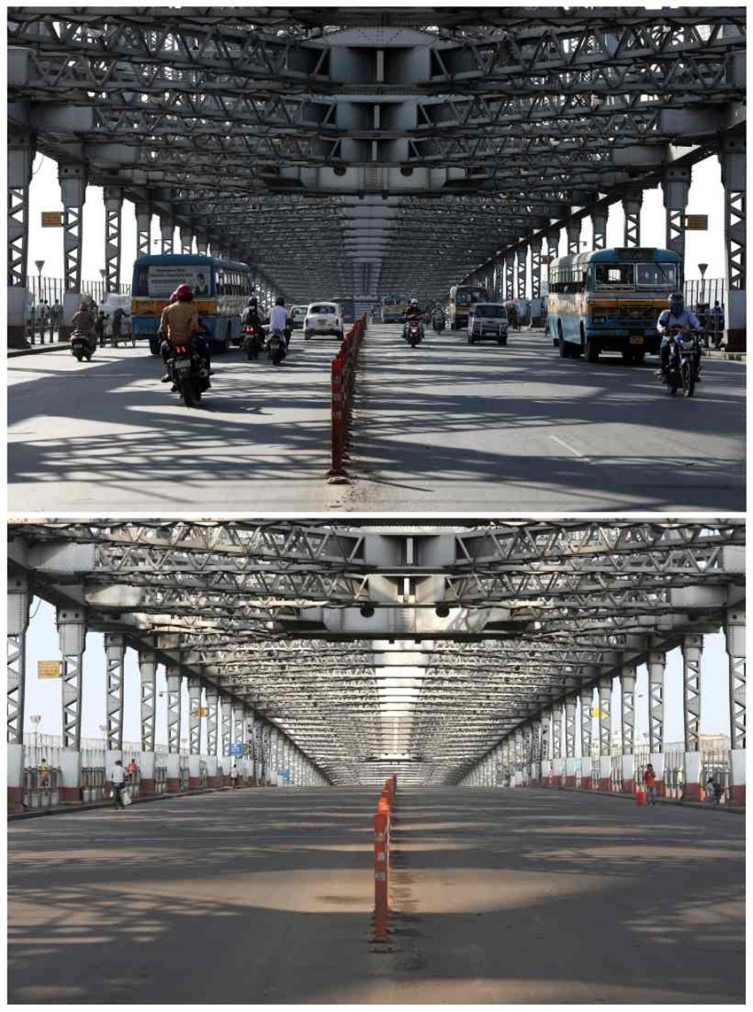 हावड़ा ब्रिज की ऊपर वाली तस्वीर 20 मार्च की है। नीचे वाली 25 मार्च की। देखिए कितना बदला सा दिख रहा है हावड़ा ब्रिज।