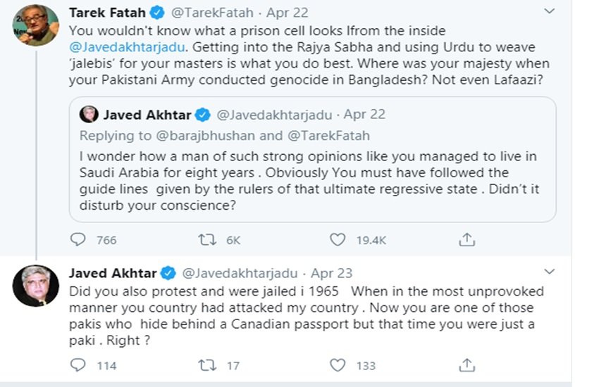 Tarek Fatah, Javed Akhtar, Tarek Fatah slams javed akhtar, Javed Akhtar to Tarek Fatah, Javed Akhtar twitter, Tarek Fatah Pakistan, Pakistan, India, Indian Citizen, tarek fatah books, tarek fatah family, entertainment news, bollywood news, television news