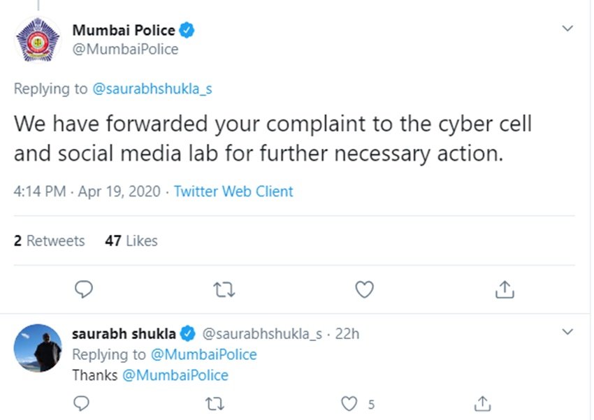 मुंबई पुलिस ने भी सौरभ शुक्ला की शिकायत पर जरूरी एक्शन लेते हुए सौरभ शुक्ला को सूचिक किया।