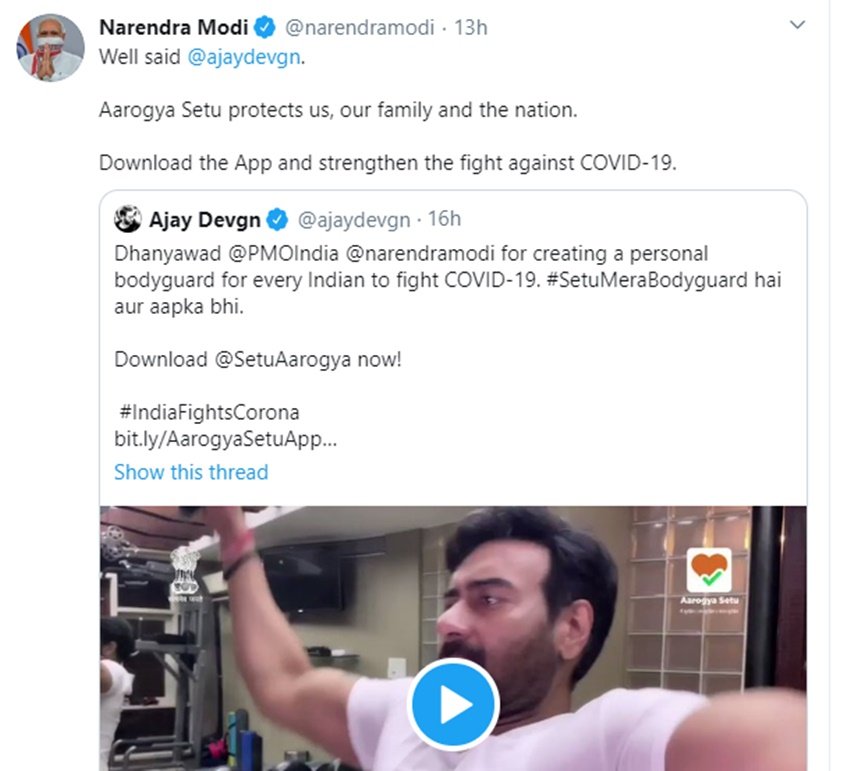 पीएम मोदी ने अजय का वीडियो रिट्वीट करते हुए लिखा- बहुत बढ़िया अजय देवगन। आरोग्य सेतु हमें सुरक्षित रखता है और यह हमारे पूरे परिवार और देश को भी कोरोना से बचाता है।