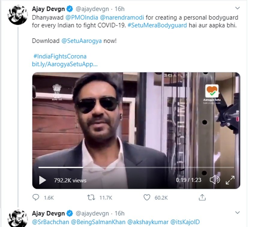 अजय देवगन ने एक वीडियो के माध्यम से बताया कि कैसे ये सेतु उनकी हिफाजत करेगा। अजय ने ये ये भी बताया कि ये ऐप हर किसी की निजी तौर पर हिफाजत करने के लिए बनाया गया है।