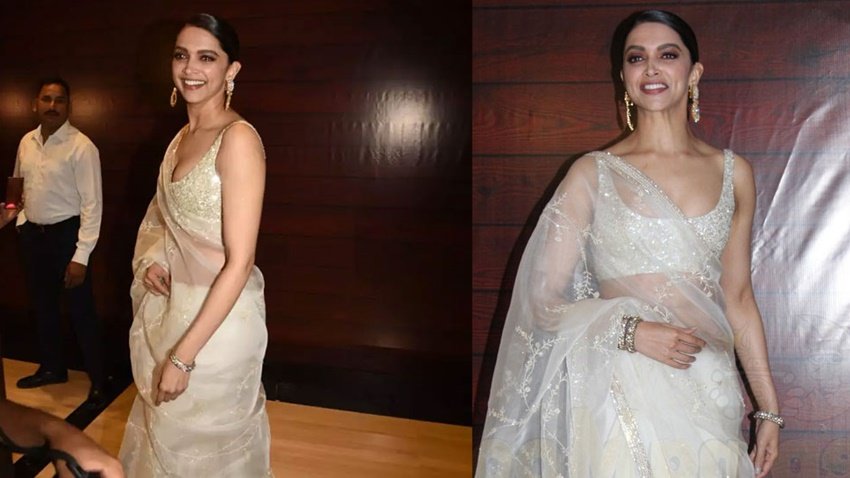 इस तस्वीर में दीपिका पादुकोण सिल्वर कलर की ट्रांसपैरेंट साड़ी में दिख रही हैं। दीपिका पर ये रंग खूब जच रहा है।