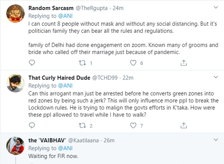 कुछ यूजर्स ये भी लिख रहे हैं कि जब वीआईपी लोग ही लॉकडाउन की धज्जियां उड़ाएंगे तो दूसरों को भी नियम तोड़ने का बल मिल जाता है। ऐसे तमाम यूजर्स ने लिखा कि जहां कोरोना के कारण देशभर में शादियां कैंसिल हो रही हैं वहां ये लोग मानने को तैयार नहीं है। कुछ यूजर्स लॉकडाउन के नियम तोड़ने का आरोप लगाते हुए शादी में शामिल होने वाले लोगों पर एफआईआर दर्ज कराने की मांग कर रहे हैं।