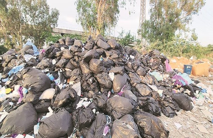 दिल्ली के कालिंदी कुंज के पास काली-नीली पन्नियों के बीच फैला मेडिकल वेस्ट। (फोटो- अभिनव साहा, एक्सप्रेस) 