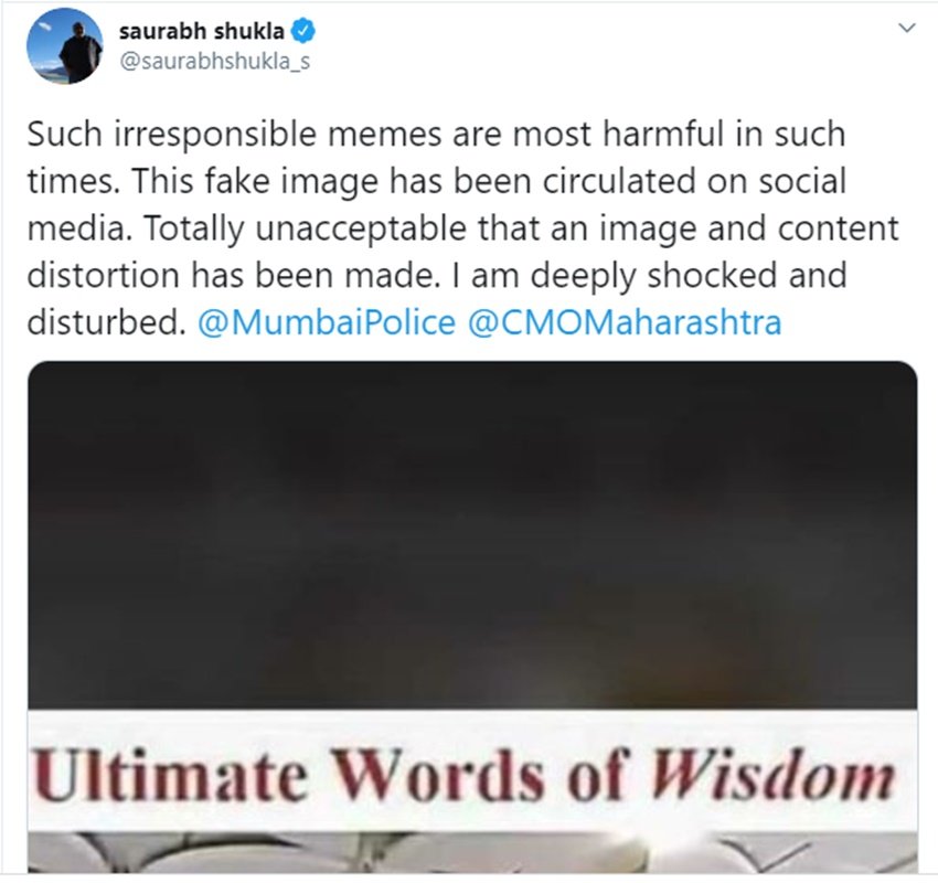 सौरभ ने मुंबई पुलिस को अपने शिकायती ट्वीट में लिखा- इस वक्त इस तरह के गैरजिम्मेदाराना मीम्स काफी नुकसानदेह हैं। यह फेक इमेज सोशल मीडिया पर सर्कुलेट हो रहा है। जिस तरह से यहां इमेज और कंटेंट को बिगाड़ा गया है, वह किसी भी तरह से स्वीकार्य नहीं है। मैं काफी शॉक्ड और डिस्टर्ब हूं।