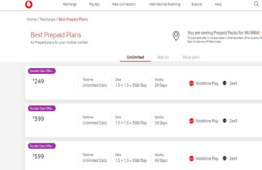 Vodafone Idea Double Data Offer