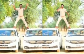 Manoj yadav sub inspector, police fined for stunt, police stunt singham style, madhya pradesh police fined, manoj yadav Narsinghgarh police, Damoh district police, Police Stunt on car roof, police stunt video viral