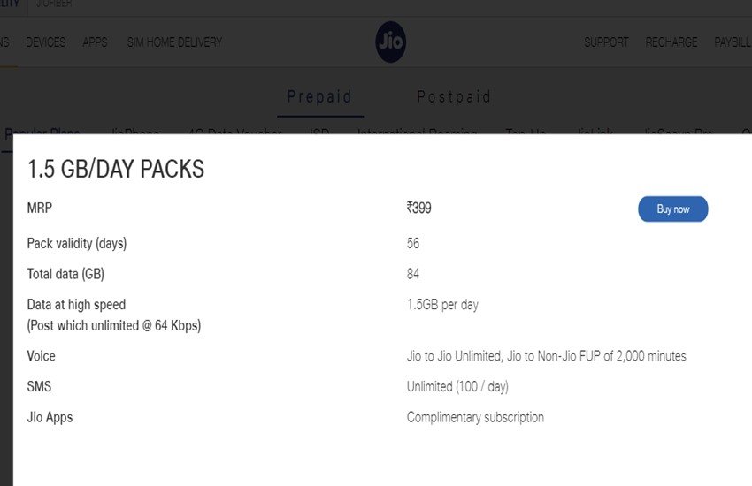 Jio Prepaid Recharge Plans List 2020