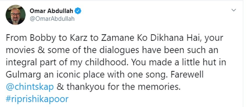 ऋषि कपूर के निधन पर दुख जताते हुए उमर अबदुल्ला ने ये भी लिखा कि, 'बॉबी, कर्ज़ से लेकर ज़माने की दिखाना है, आपकी फ़िल्में और कुछ संवाद मेरे बचपन का अभिन्न हिस्सा रहे हैं। अलविदा ऋषि कपूर और धन्यवाद।' <a href="https://www.jansatta.com/photos/picture-gallery/rishi-kapoor-old-tweet-on-kapoors-after-his-demise-know-why-he-tweet-like-this/1393774/">‘कपूरों का टाइम भारी है, रक्षा करना..’, मौत से महीना भर पहले ही ऋषि कपूर ने जताया था डर</a>