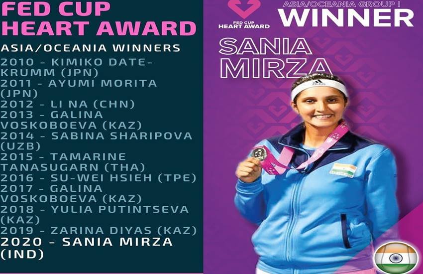 सानिया ने फेड कप हार्ट पुरस्कार जीता, पुरस्कार राशि मुख्यमंत्री राहत कोष में दी 