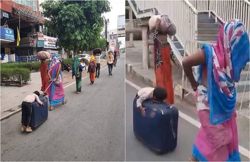 बच्चों के साथ यात्रा करने वाले प्रवासियों की पीड़ा। (अरविंद चौहान / ट्विटर)