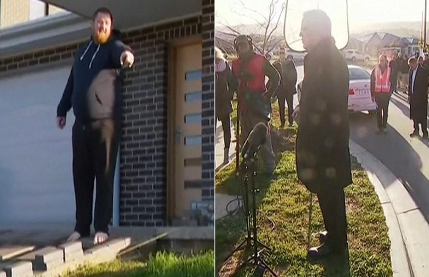 प्रधानमंत्री स्कॉट मॉरिसन की कॉन्फ्रेंस के दौरान ही एक व्यक्ति ने घर से बहर आकर उन्हें लॉन से हटने के लिए कह दिया। इस घटना का वीडियो सोशल मीडिया पर वायरल हो रहा है। (फोटो- स्काई न्यूज)