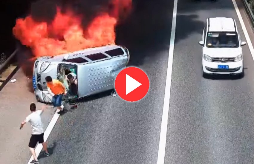 Minivan Caught Fine in china, Car Caught fire Video, amazing Rescue Video