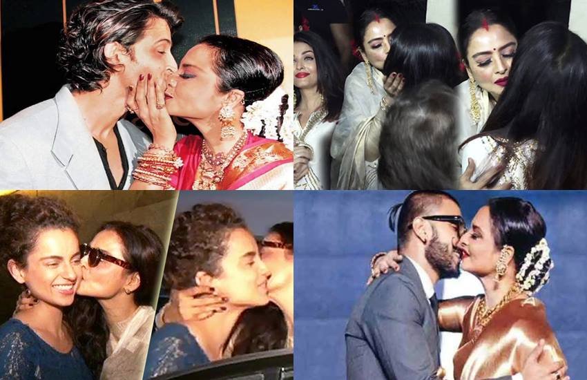 Rekha Kiss Controversy: बॉलीवुड की मशहूर अदाकारा रेखा अपनी अदाकारी के लिए आज भी याद की जाती हैं। रेखा ने अब फिल्मों में काम करना लगभग बंद कर दिया है। लेकिन अकसर वह बॉलीवुड इवेंट्स और अवार्ड नाइट्स में नजर आ जाती हैं। रेखा कई बार पब्लिक में फिल्मी सेलेब्स को किस कर चुकी हैं। रेखा के बारे में कहा जाता है कि वह नए कलाकारों को प्रोत्साहित करने या फिर किसी के लिए अपना सपोर्ट दर्शाने के लिए किस करती हैं। किस करती हुई उनकी तस्वीरें काफी चर्चा का विषय भी बनीं (Photos: Social Media):