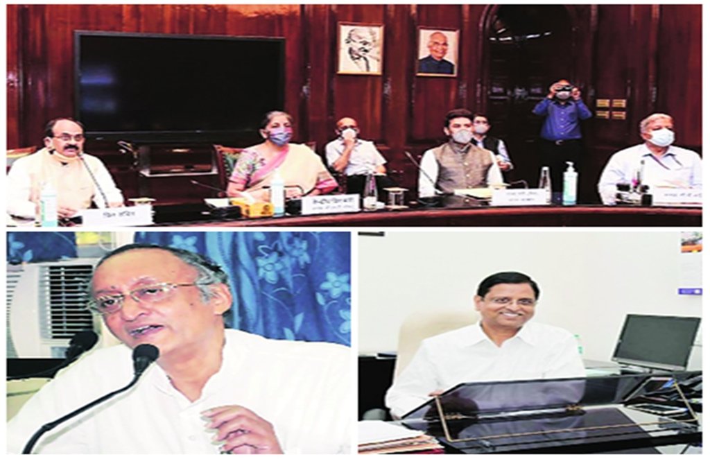 जीएसटी काउंसिल की बैठक (ऊपर) तथा प. बंगाल के वित्तमंत्री अमित मित्रा और पूर्व वित्त सचिव सुभाष चंद्र गर्ग। 