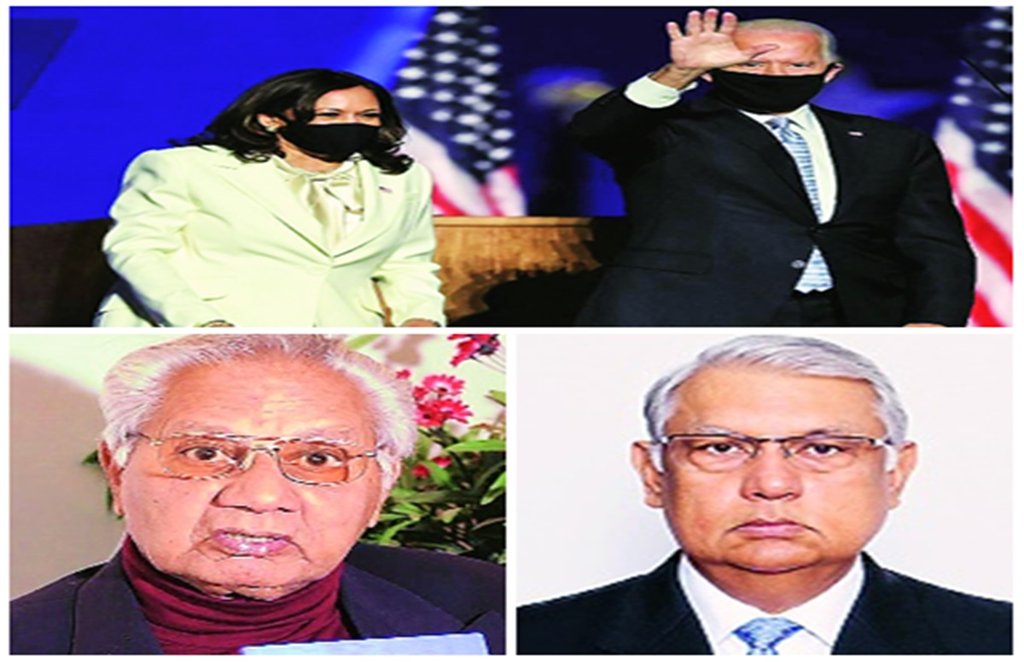 अमेरिका के नवनिर्वाचित राष्ट्रपति जो बाइडेन और उपराष्ट्रपति कमला हैरिस (ऊपर) तथा नौसेना के पूर्व कमांडर कमोडोर रंजीत राय (बाएं) और पूर्व राजनयिक पिनाक रंजन चक्रवर्ती (दाएं)।