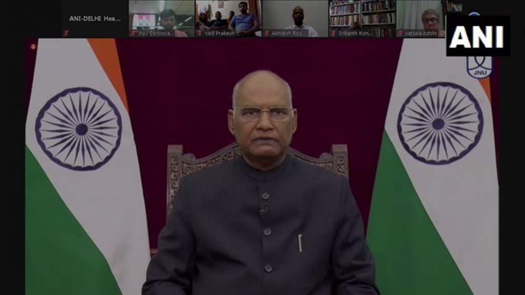 जेएनयू के दीक्षांत समारोह में बोलते राष्ट्रपति रामनाथ कोविंद। (फोटो-एएनआई)