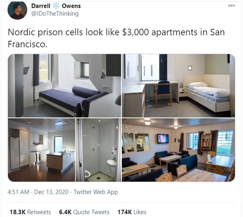 दरअसल इन तस्वीरों को ट्विटर यूजर @IDoTheThinking ने शेयर किया और लिखा - नॉर्डिक जेल के ये सेल सैन फ्रांसिस्को में 3 हजार डॉलर (करीब 2.2 लाख रुपये) प्रति महीने के किराए वाले अपार्टमेंट जैसे दिखते हैं। बता दें, नॉर्डिक देशों में डेनमार्क, नॉर्वे, स्वीडन, फिनलैंड और आइसलैंड शामिल हैं।