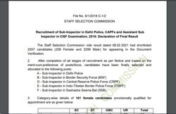 SSC ने जारी किया दिल्ली पुलिस, CISF, एसएसबी और ITBPF में SI का फाइनल रिजल्ट, ये रहा डायरेक्ट लिंक