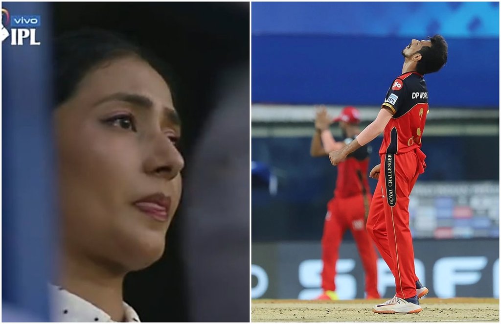Dhanashree Verma Gets Emotional, dhanashree emotion in IPL 2021, Dhanshree emotional against KKR, Dhanashree Verma-Yuzvendra Chahal, धनश्री वर्मा हुईं भावुक, भावुक हुईं धनश्री वर्मा, चहल ने झटके विकेट, चहल को देख भावुक हुईं धनश्री वर्मा, चहल की पत्नी धनश्री, jansatta