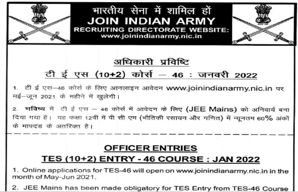 Indian Army, India Army TES, Indian Army TES 46 2021,