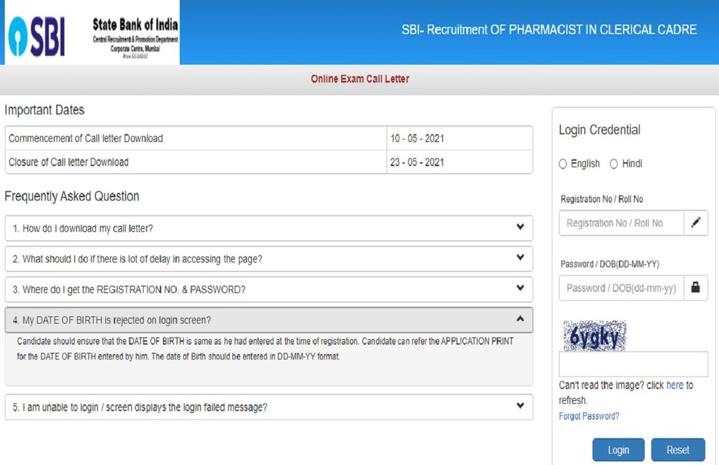SBI Pharmacist Admit Card 2021, SBI Admit Card,