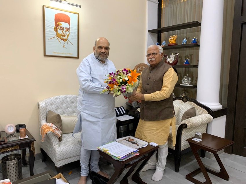 अमित शाह के आवास पर हरियाणा के मुख्यमंत्री मनोहर लाल खट्टर। (Photos: Social media)