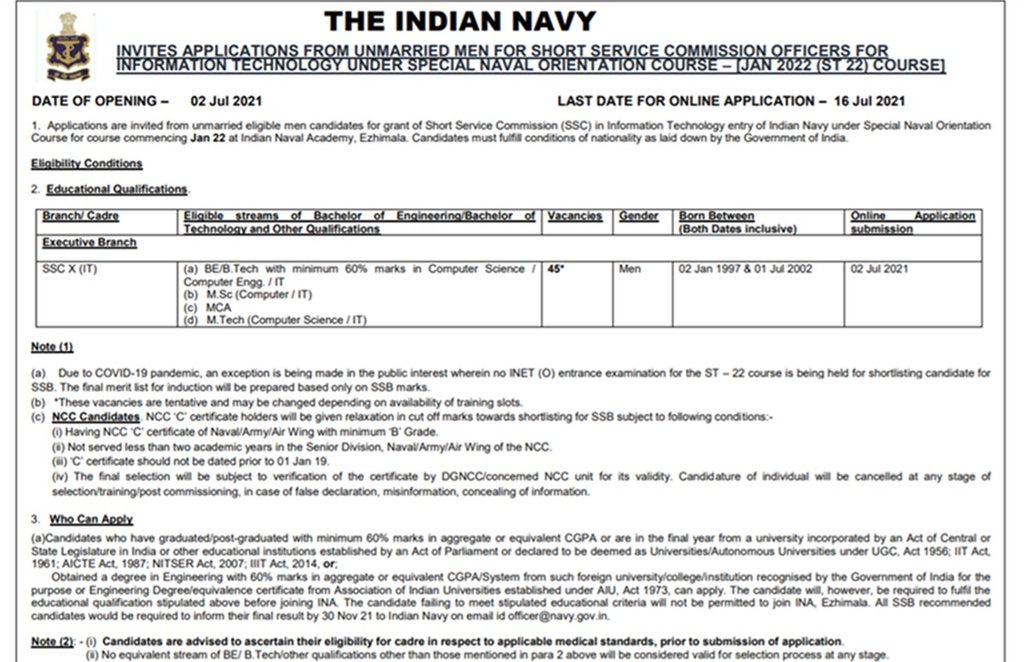 Indian Navy Recruitment Notification, Indian Navy Recruitment 2021, Indian Navy SSC Officer Recruitment, Indian Navy SSC IT Officer Recruitment