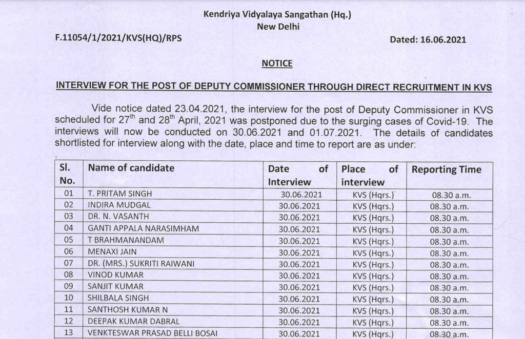 KVS, Deputy Commissioner Recruitment, Deputy Commissioner Interview, Interview Date