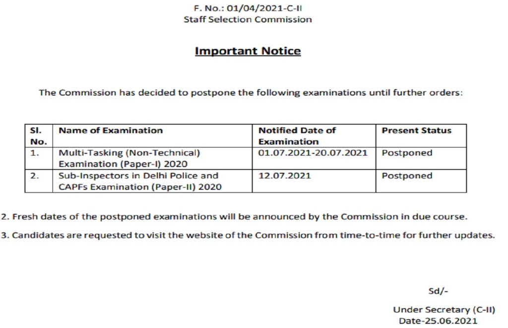 SSC CPO SI Paper 2 2020 Postpone, SSC CPO Paper 2 2020 Postponed, SSC SI Paper 2 2020 Postponed, SSC MTS Exam 2021 Postponed