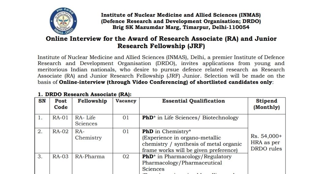 DRDO, DRDO INMAS, DRDO INMAS RA Notification, DRDO INMAS JRF Notification